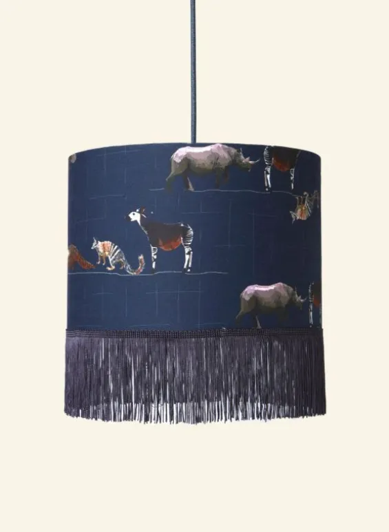 Cheap Palava Drum Fringe Lampshade - Navy Endangered Animals