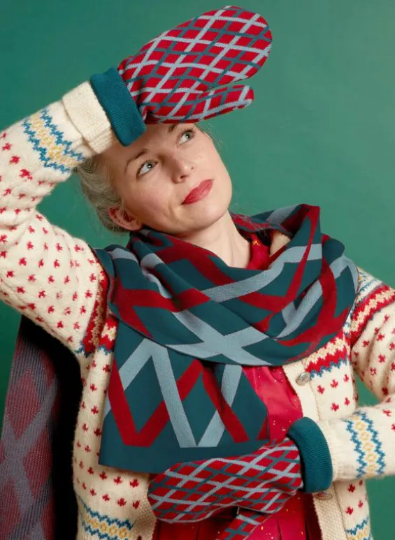 Sale Palava Knitted Mittens - Teal Lattice